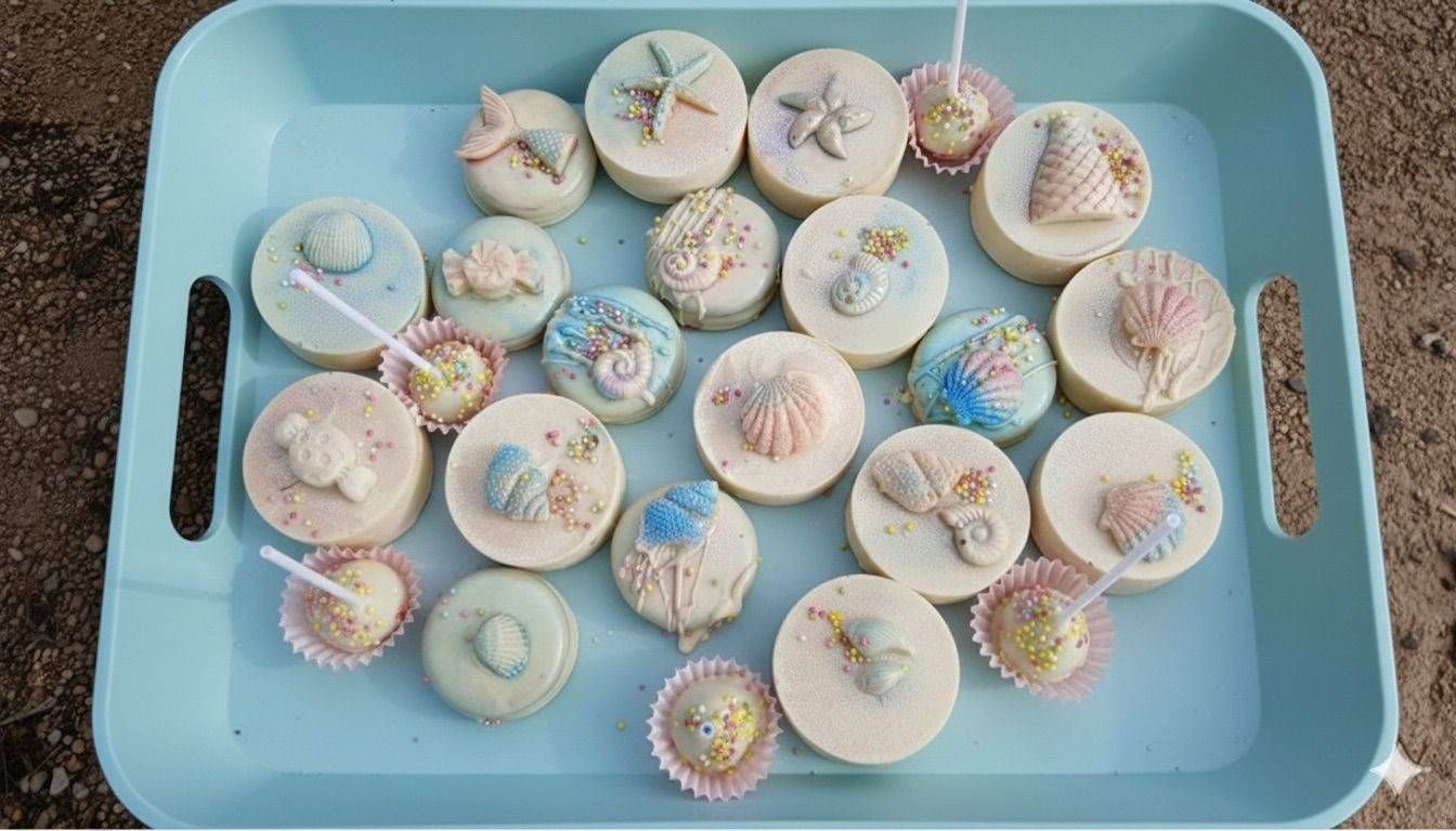 Una bandeja azul claro contiene varios dulces redondos de chocolate blanco decorados con conchas marinas y estrellas de mar comestibles.