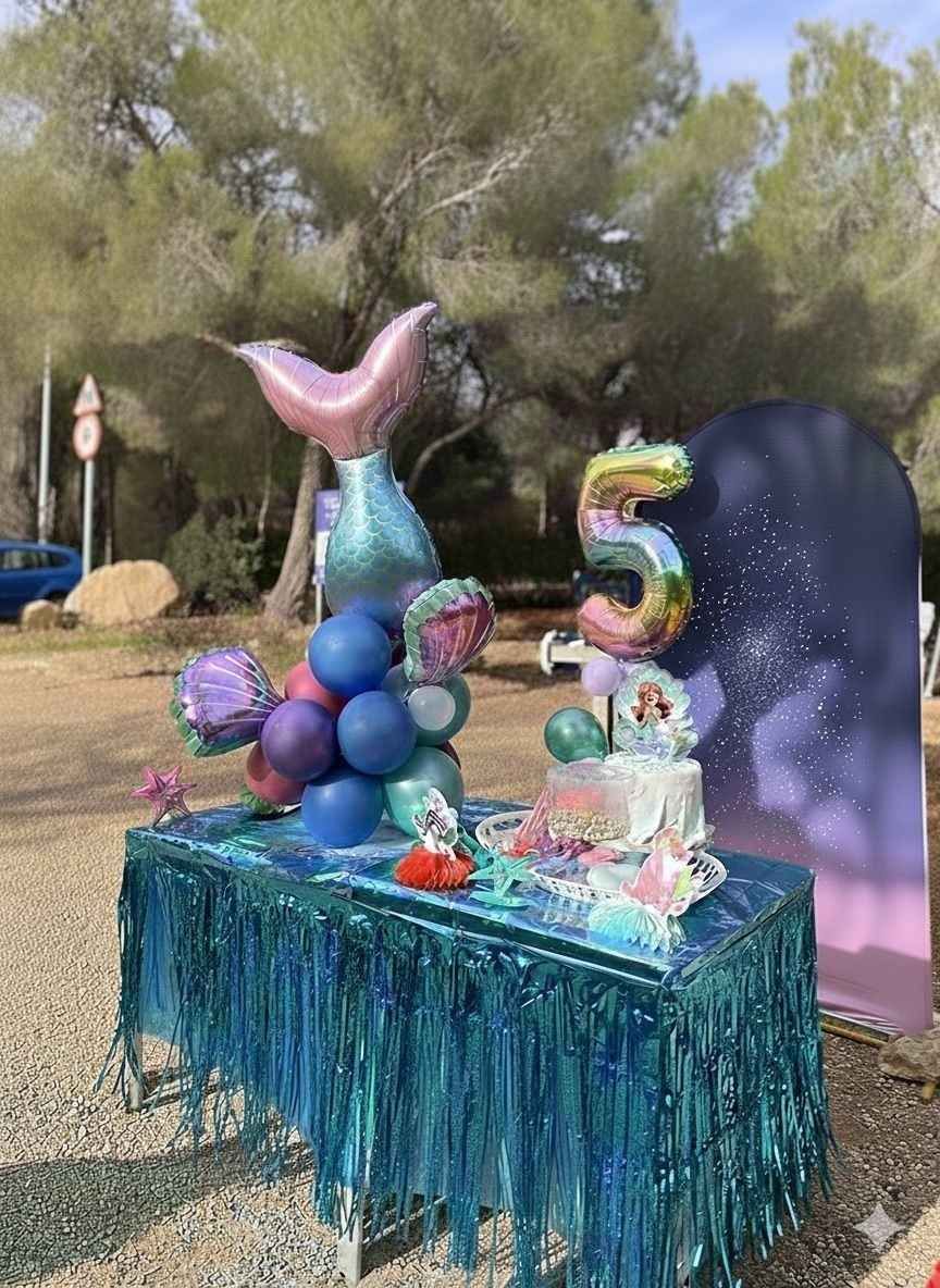 Una mesa decorada para una fiesta de quinto cumpleaños con temática de sirenas, con una cola de globo, un globo con el número cinco y un pastel.