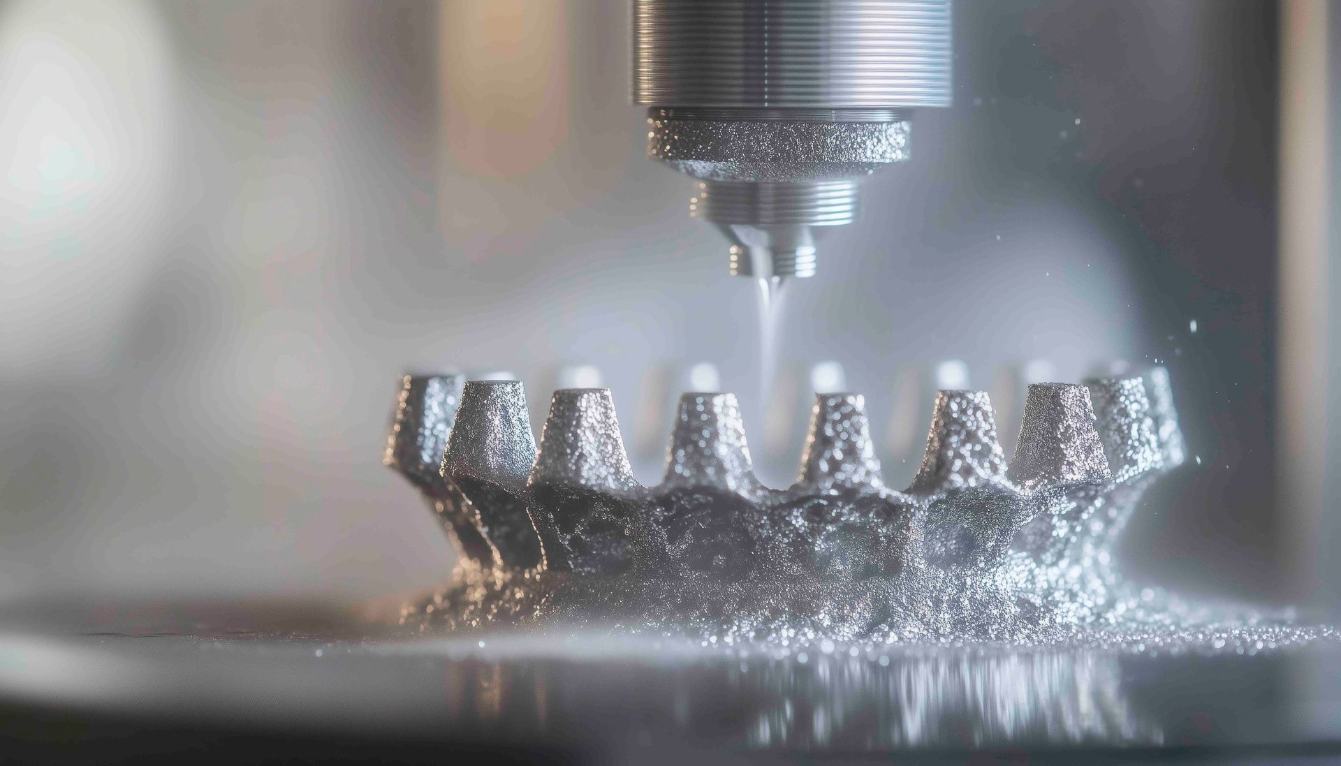 In einer Fabrik schneidet eine Maschine ein Stück Metall.