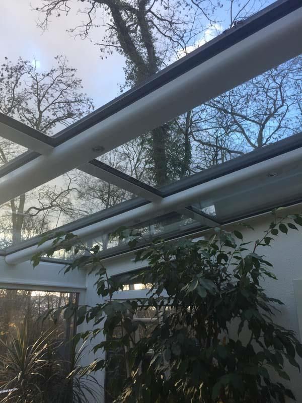 Ein Gewächshaus mit Glasdach und Bäumen im Hintergrund.