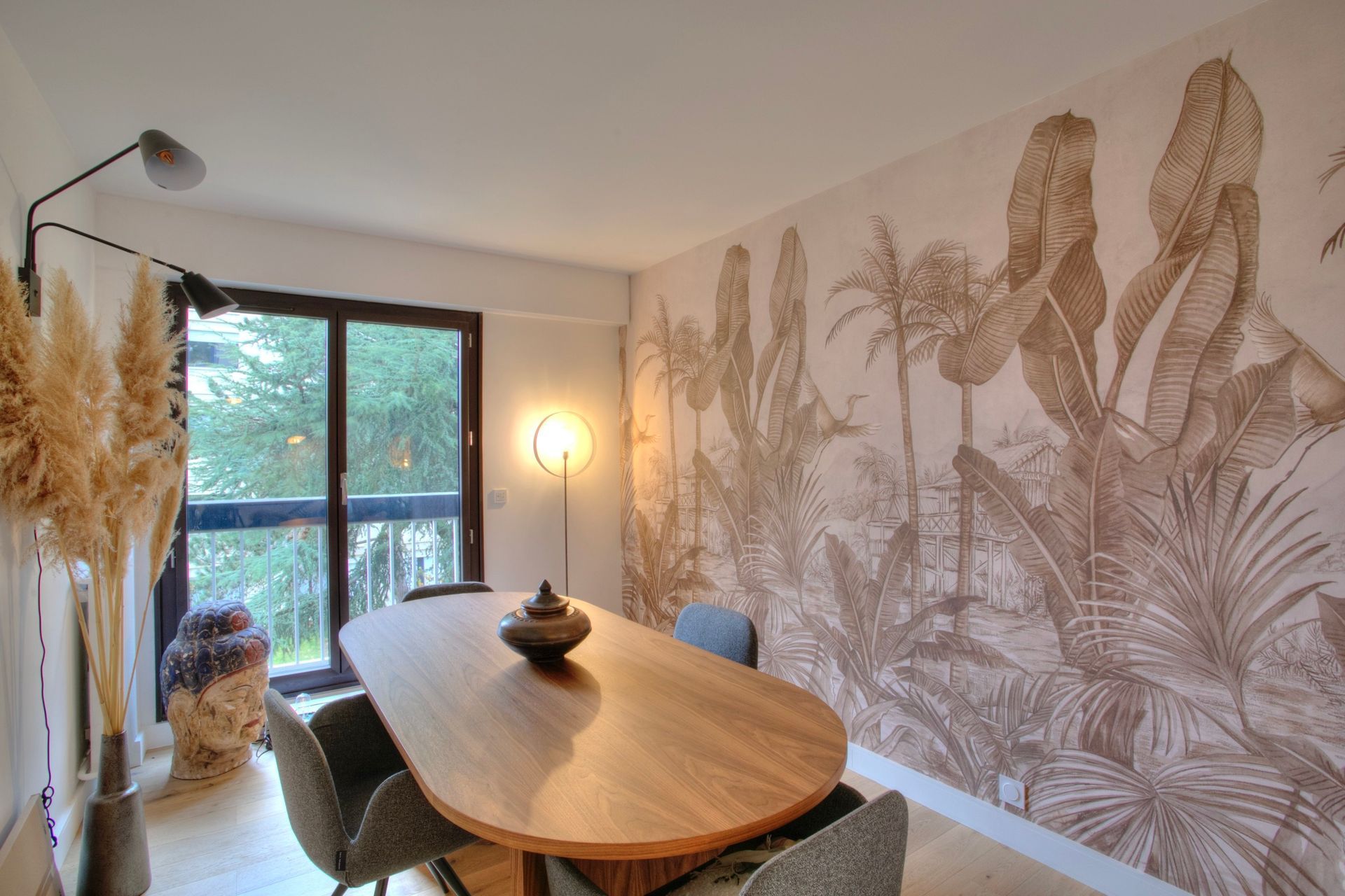 Papier peint décoratif : motif pagodes et végétaux exotiques