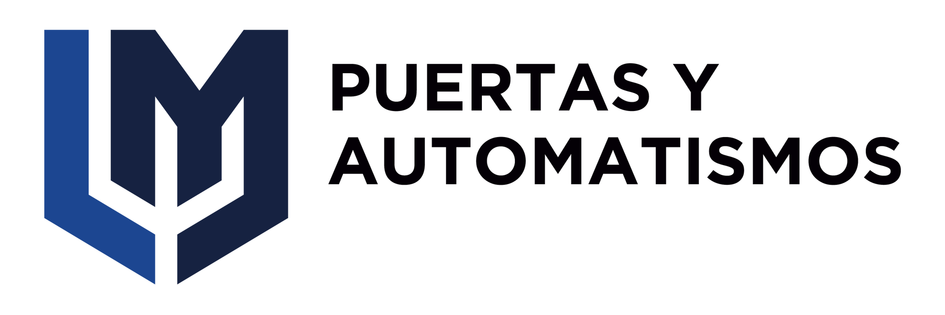 Logotipo para Puertas y Automatismos, con símbolo "LM" en forma de escudo de color azul y azul oscuro, y texto sobre fondo blanco.