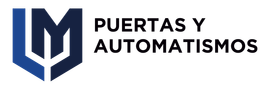 Logotipo para Puertas y Automatismos, con símbolo "LM" en forma de escudo de color azul y azul oscuro, y texto sobre fondo blanco.