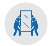 Dos figuras azules portando un gran espejo rectangular.