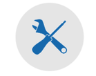 Llave inglesa azul y destornillador cruzados sobre un círculo gris.