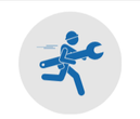 Figura de palo azul corriendo con una llave inglesa, usando un casco, dentro de un círculo gris.