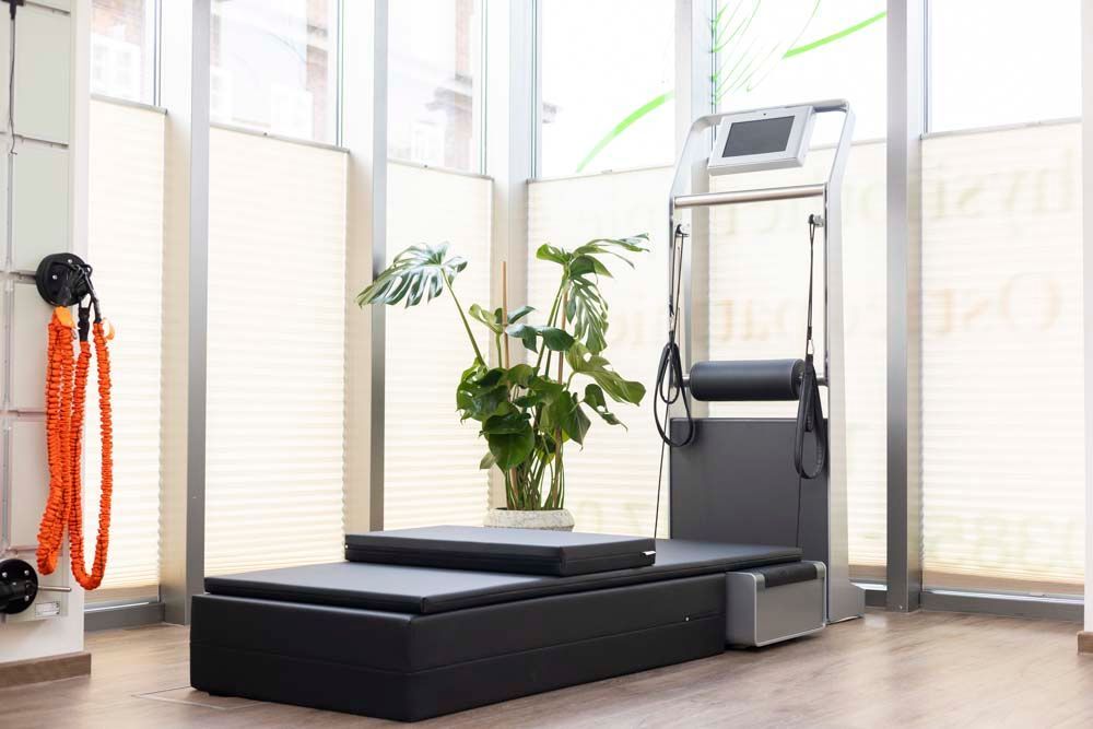 In der mitte des raumes steht neben einem laufband eine pflanze.