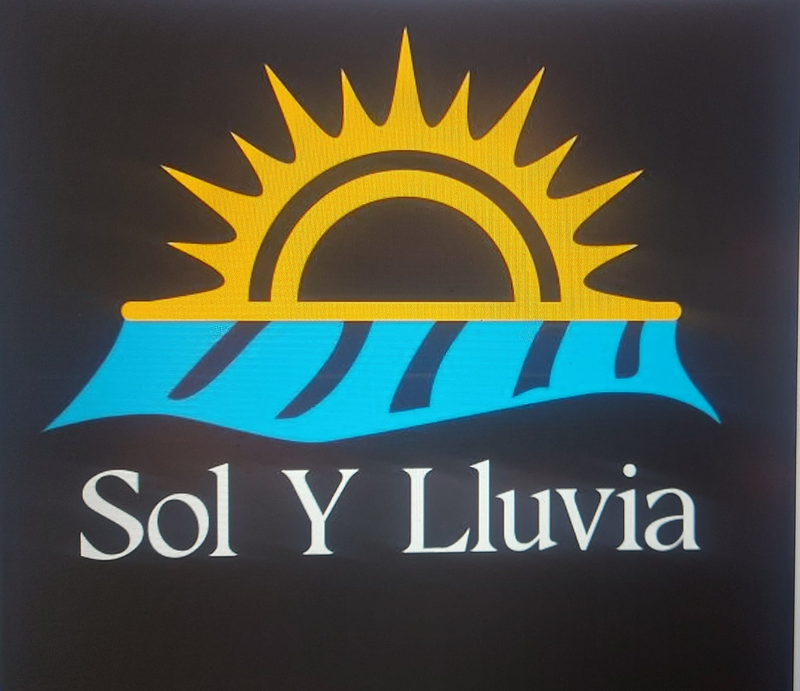 Logotipo: Sol amarillo sobre agua azul, texto "Sol Y Lluvia" sobre fondo negro.