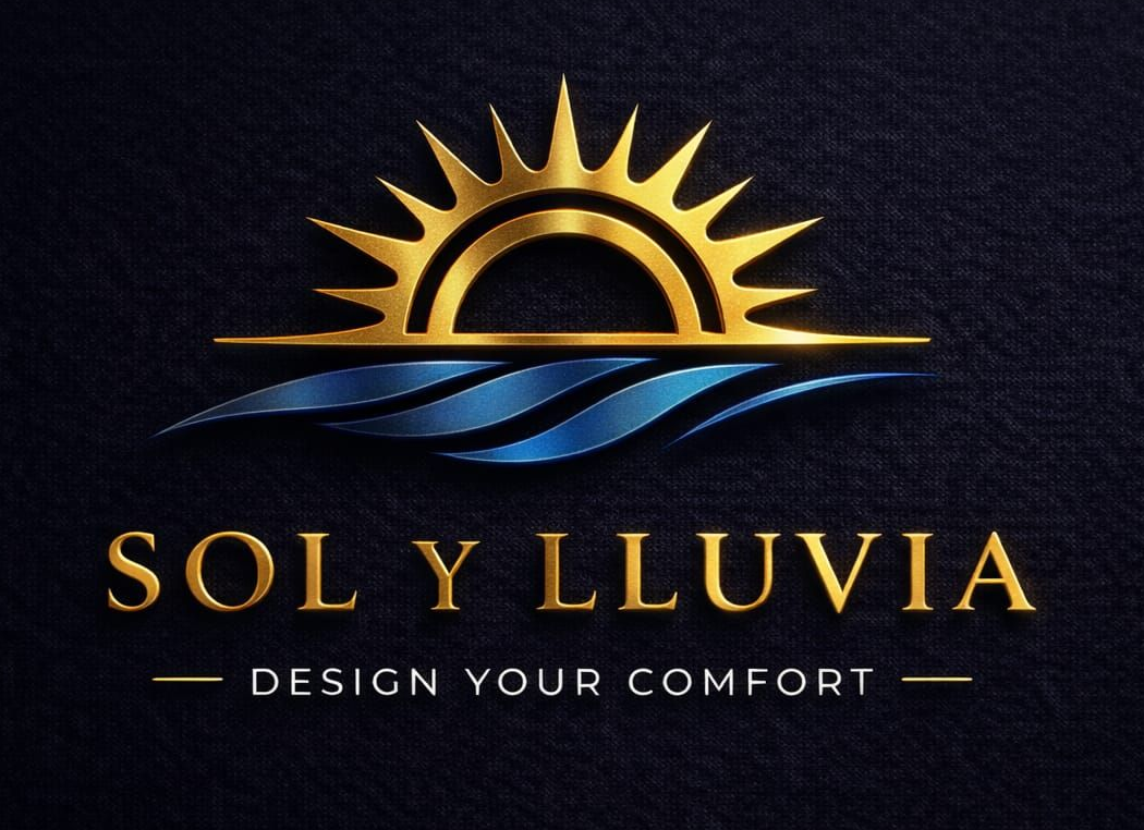Logotipo: Sol amarillo sobre agua azul, texto "Sol Y Lluvia" sobre fondo negro.
