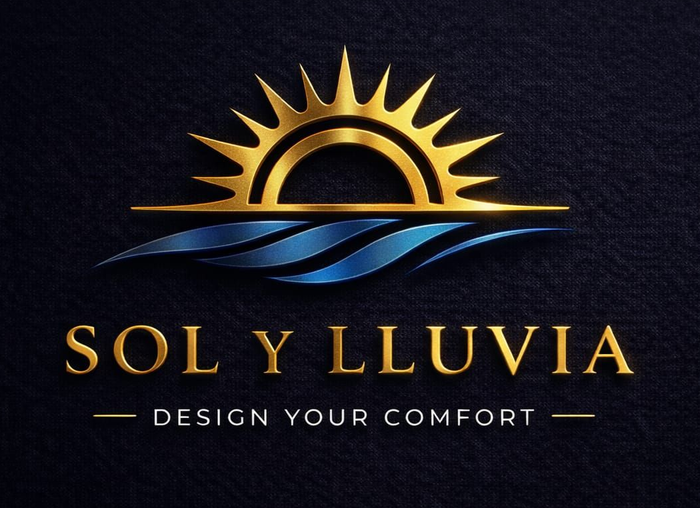 Logotipo: Sol amarillo sobre agua azul, texto "Sol Y Lluvia" sobre fondo negro.