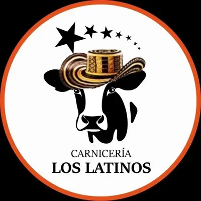 Vaca negra con sombrero, estrellas encima, logo de "Carnicería Los Latinos" en un círculo.