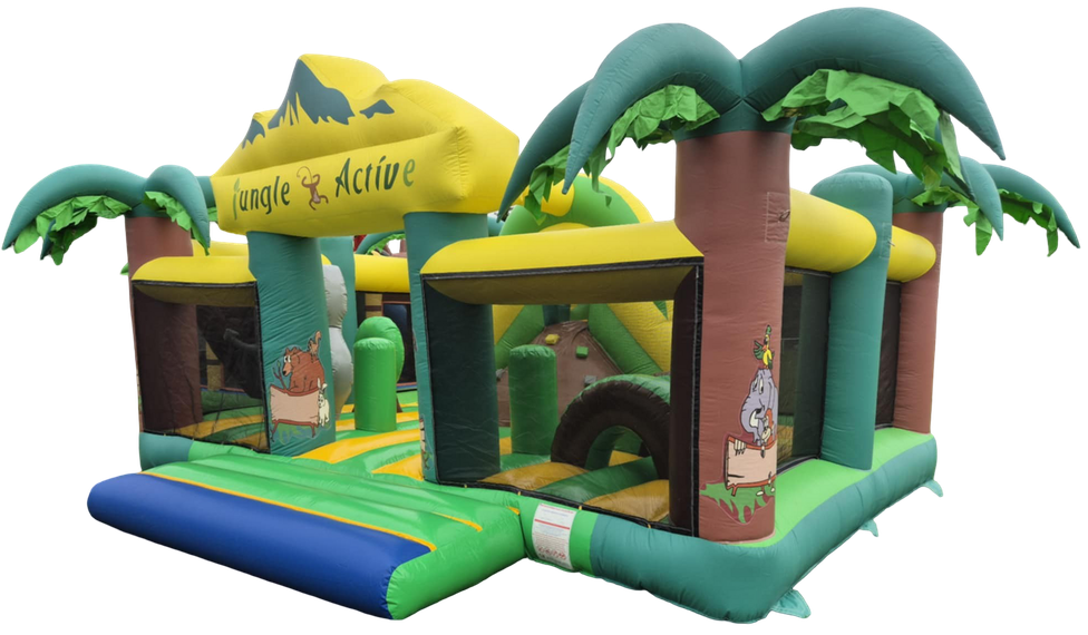 Maison gonflable sur le thème de la jungle avec palmiers et animaux ludiques.