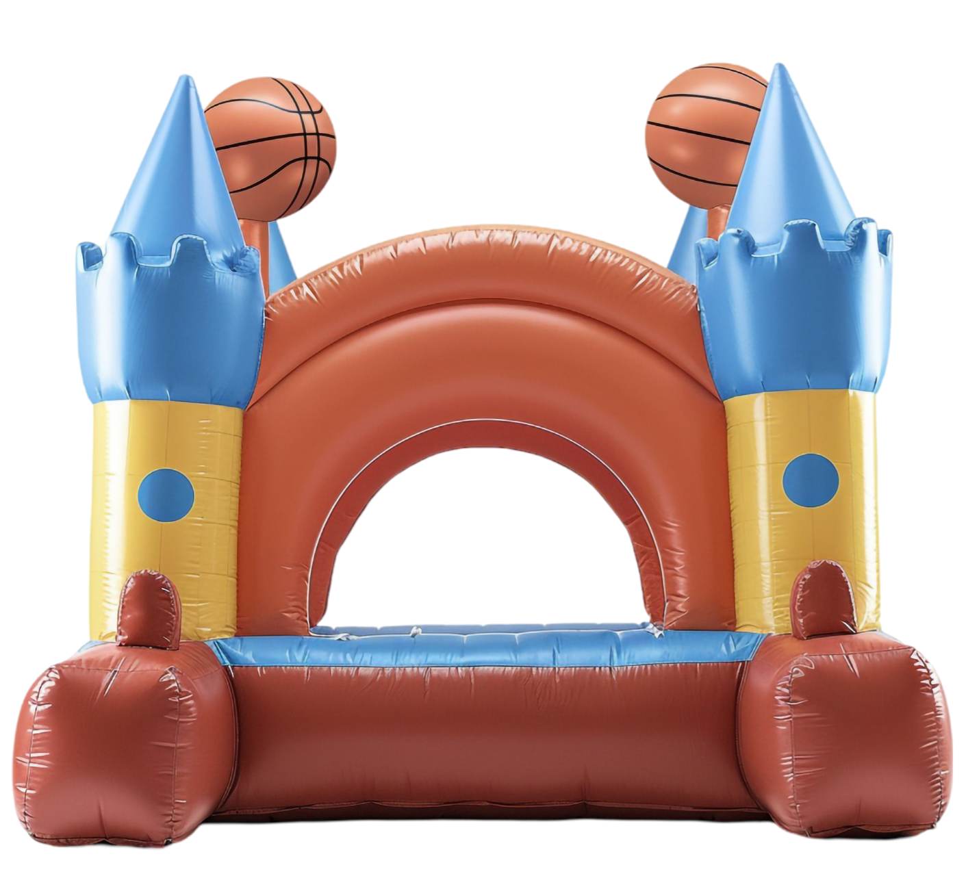 Maison gonflable sur le thème du basket-ball, avec un motif de château rouge, jaune et bleu. Deux ballons de basket sur le dessus.