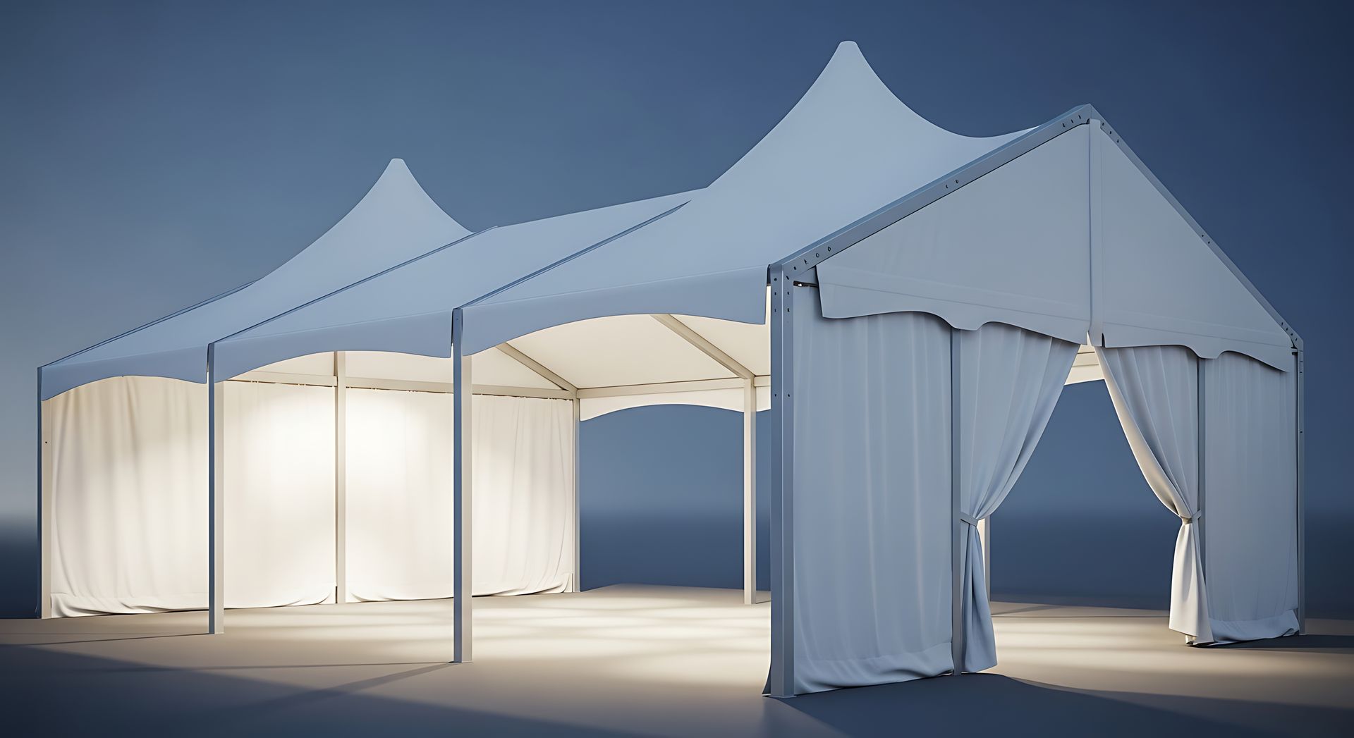 Tente de fête blanche avec rideaux drapés, éclairée de l'intérieur, sur fond bleu.
