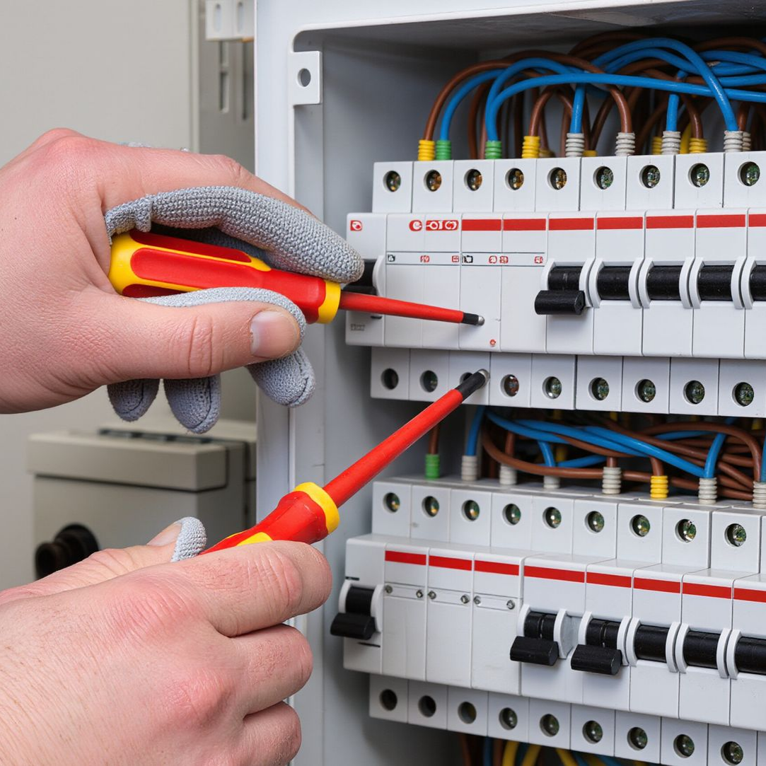 Utilisation d'un testeur de tension sur les disjoncteurs d'un tableau électrique