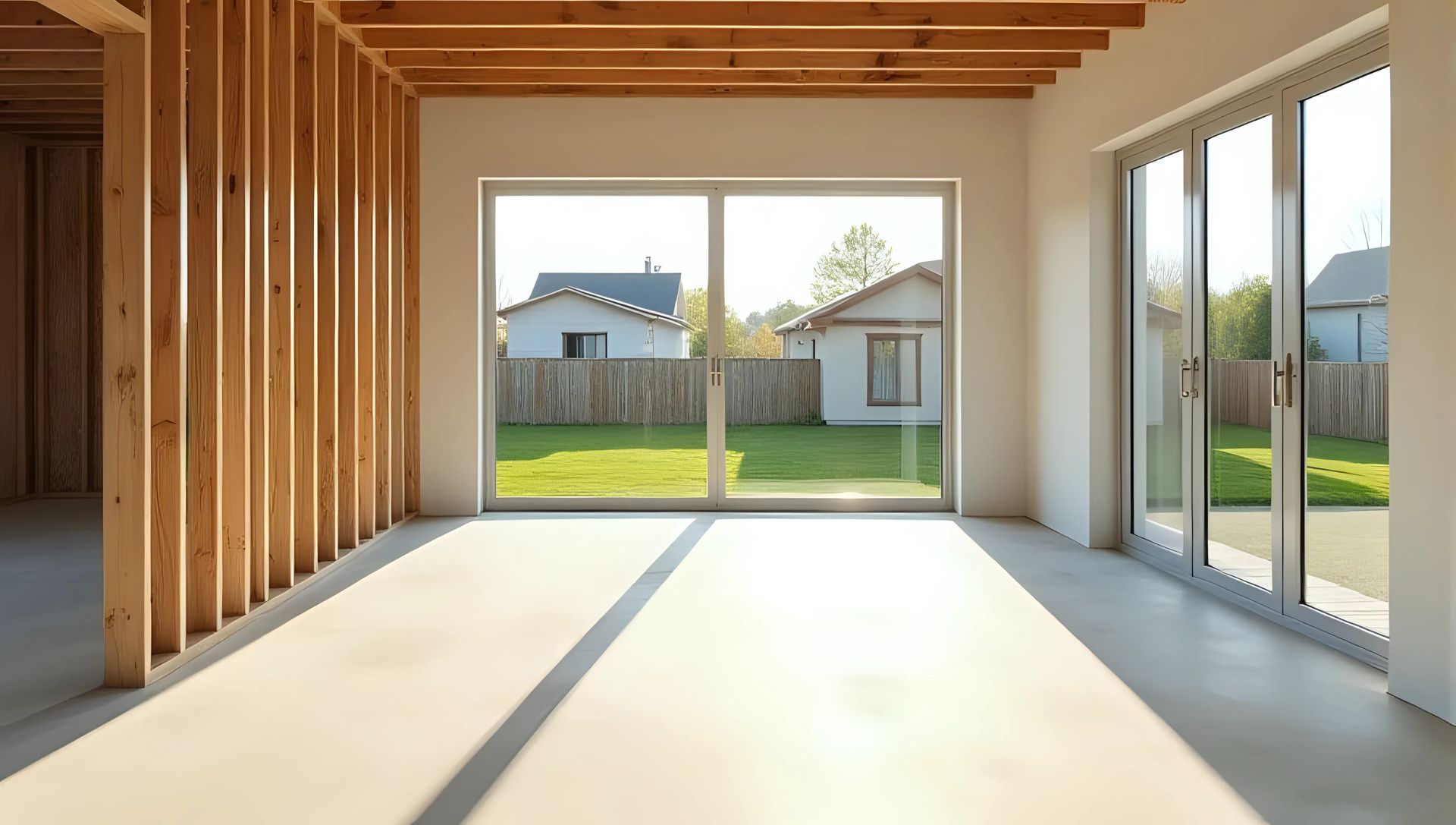 Vue intérieure d'une pièce en construction avec des montants muraux en bois, un sol en béton et des portes-fenêtres vitrées.