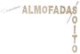Logotipo com a palavra “ALMOFADAS” em bege, com uma agulha e linha sobre fundo branco.