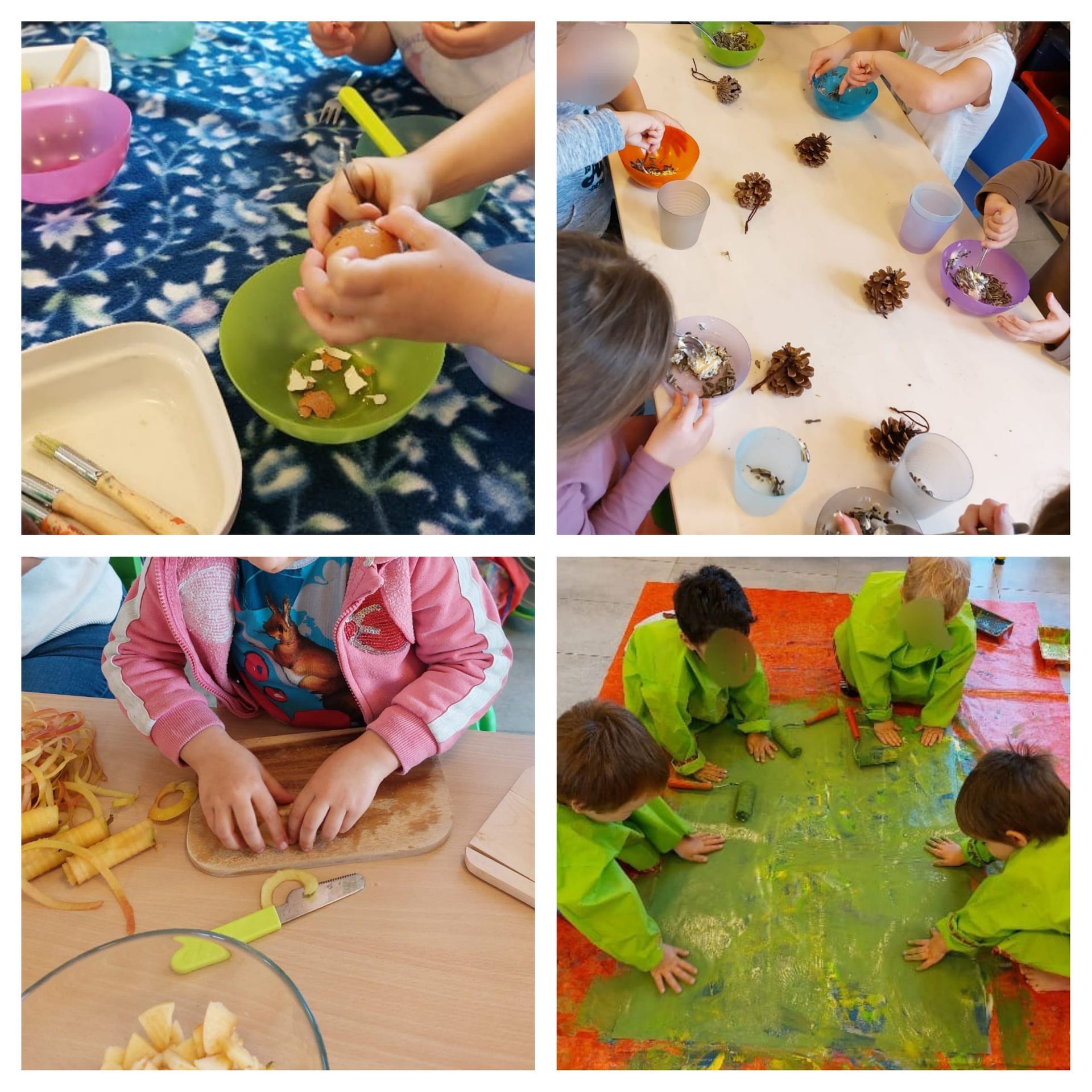 Un collage présentant diverses activités préscolaires intérieures et extérieures, notamment des jeux, des activités manuelles et l'exploration de la nature.