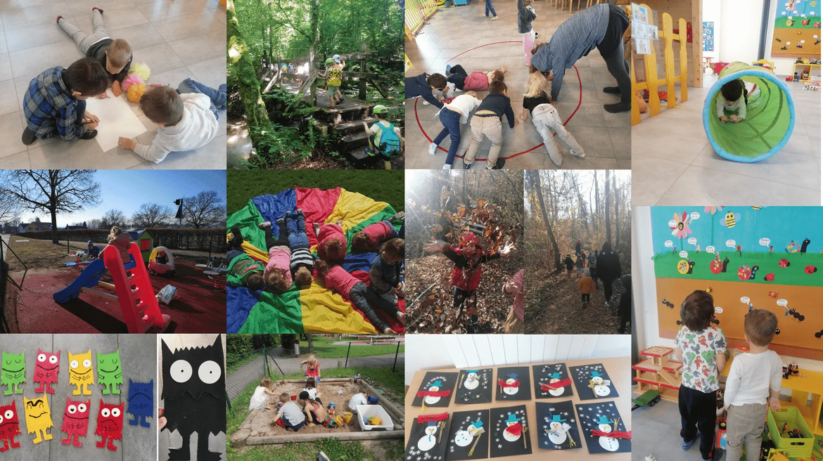 Un collage présentant diverses activités préscolaires intérieures et extérieures, notamment des jeux, des activités manuelles et l'exploration de la nature.