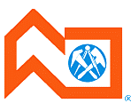 Ein Logo mit einem Hammer und einer Schaufel in einem Kreis