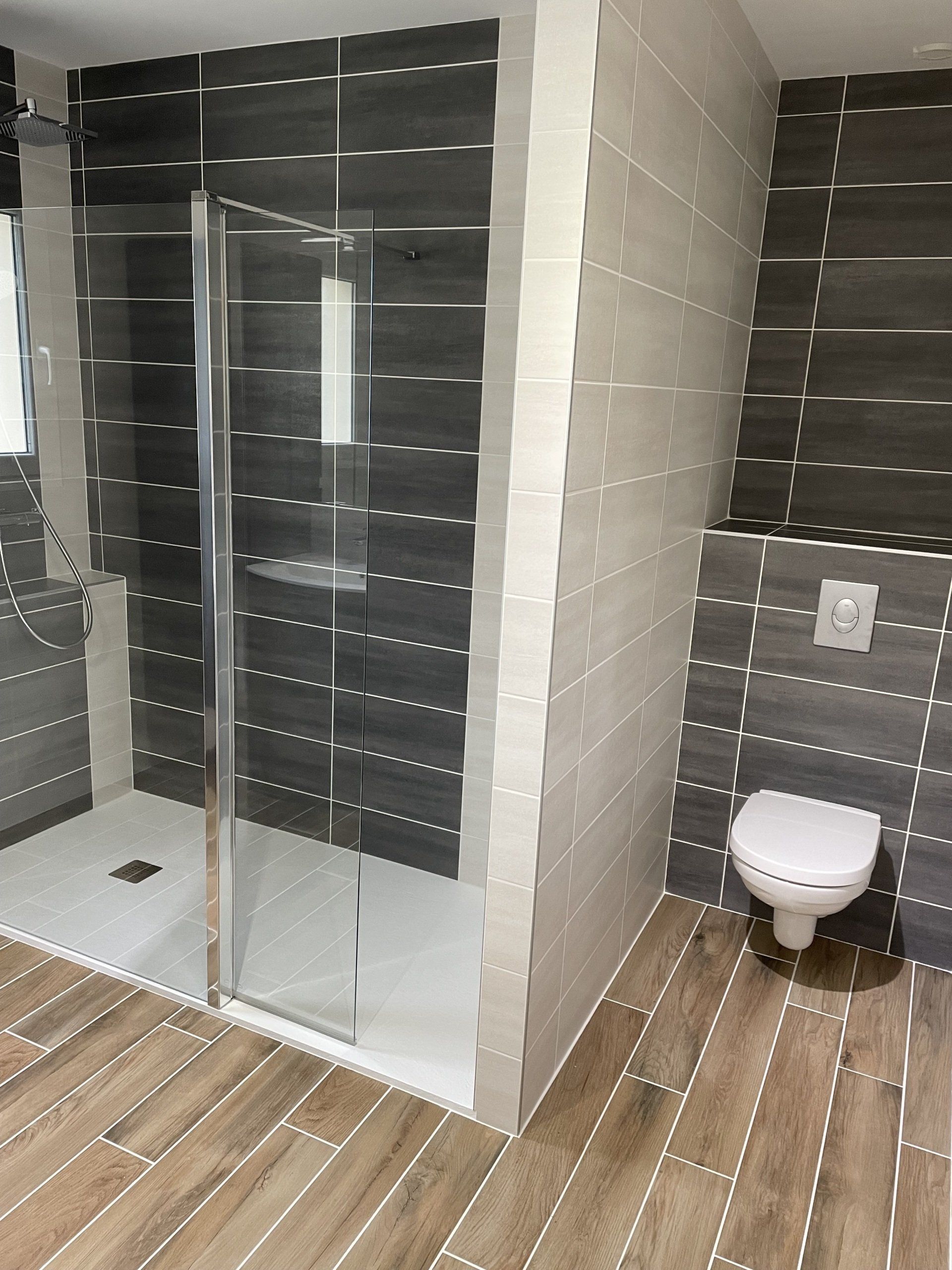 Salle de bains avec douche et toilettes