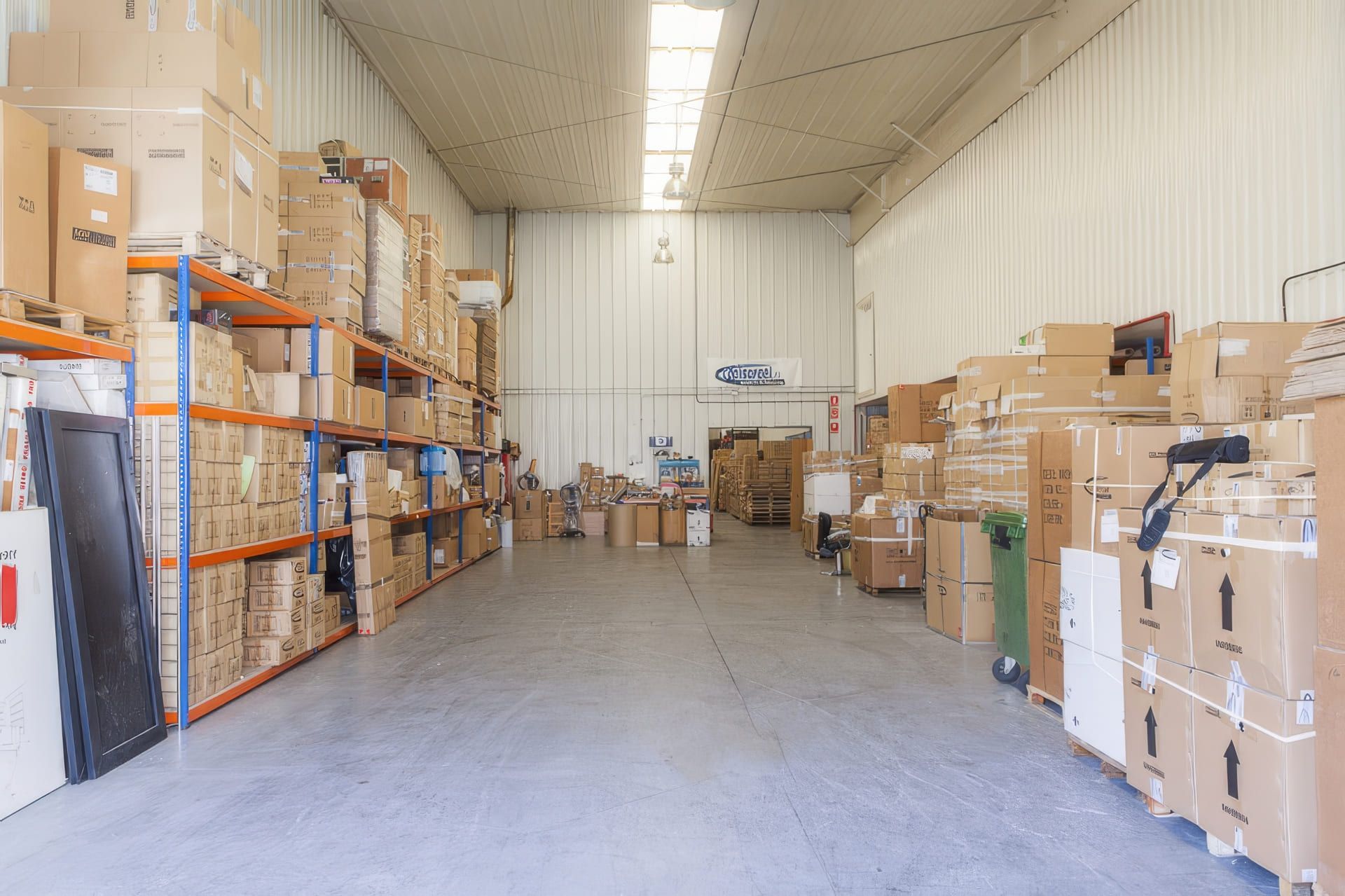 Interior de almacén con cajas de cartón apiladas en estantes y en el suelo, iluminado por tragaluces.
