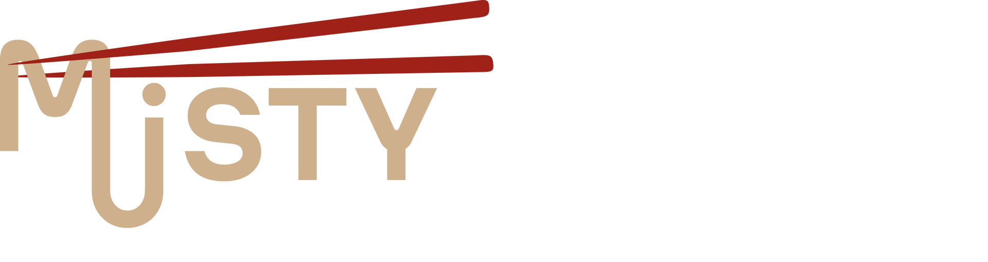 Logotipo Misty em texto bege com duas linhas vermelhas angulares.