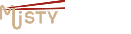 Logotipo Misty em texto bege com duas linhas vermelhas angulares.
