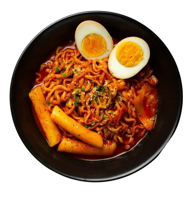 Tigela de macarrão picante coreano com metades de ovos cozidos e bolinhos de arroz.