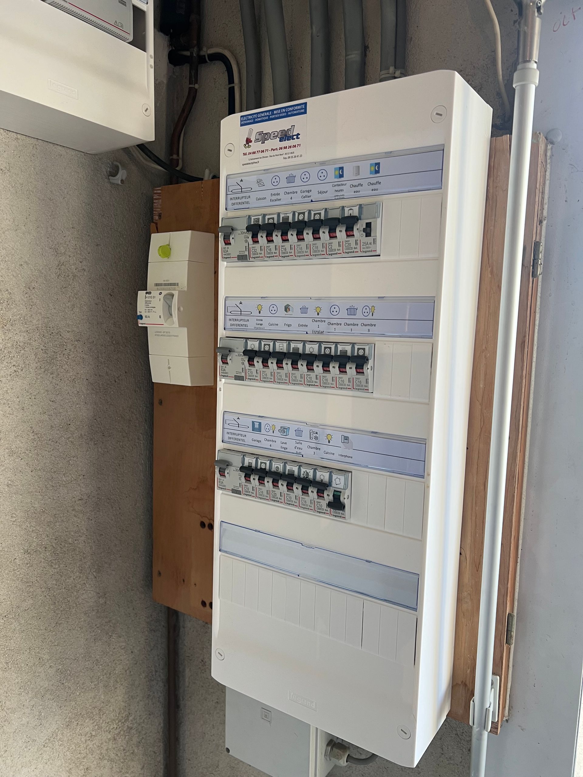 Tableau électrique avec différentiel sur un mur en bois