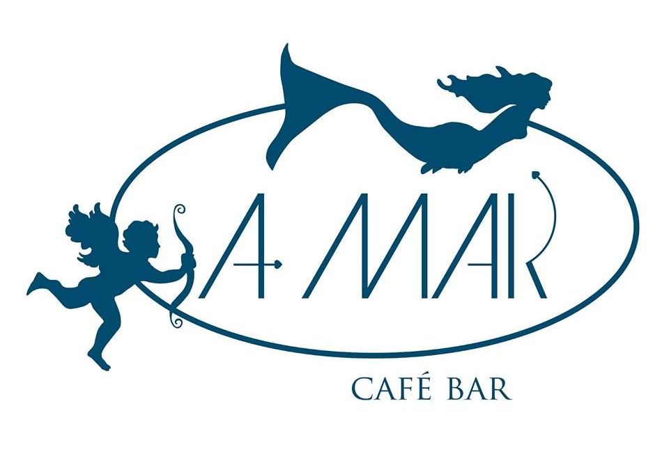 Um logotipo para um café bar com uma sereia e um cupido
