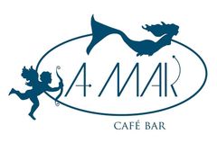 Um logotipo para um café bar com uma sereia e um cupido