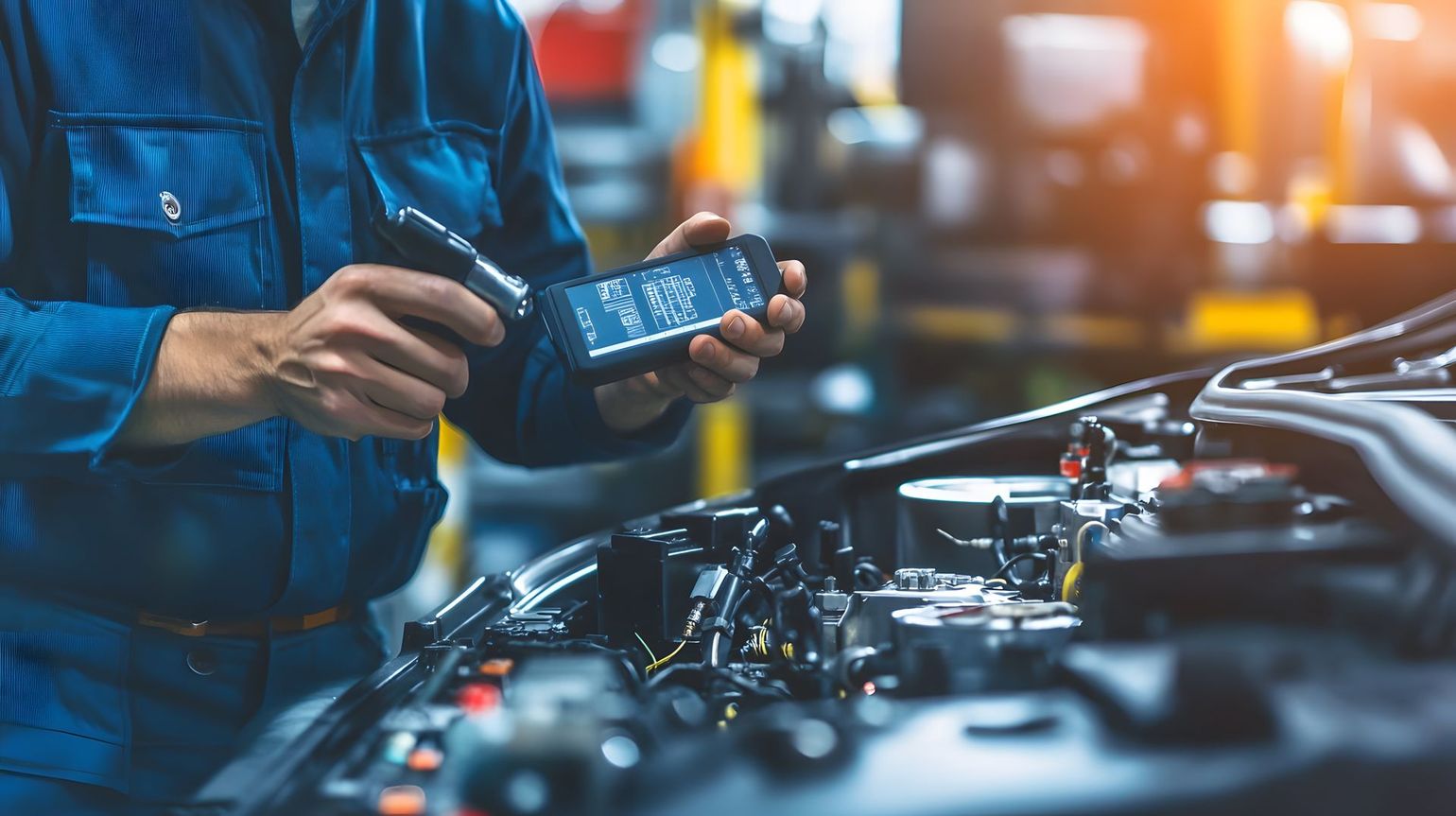 Un mécanicien utilise une lampe de poche et un téléphone pour examiner le moteur d'une voiture dans un garage.