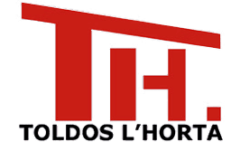 Logotipo rojo: "TH" con techo estilizado, "TOLDOS L'HORTA" debajo.