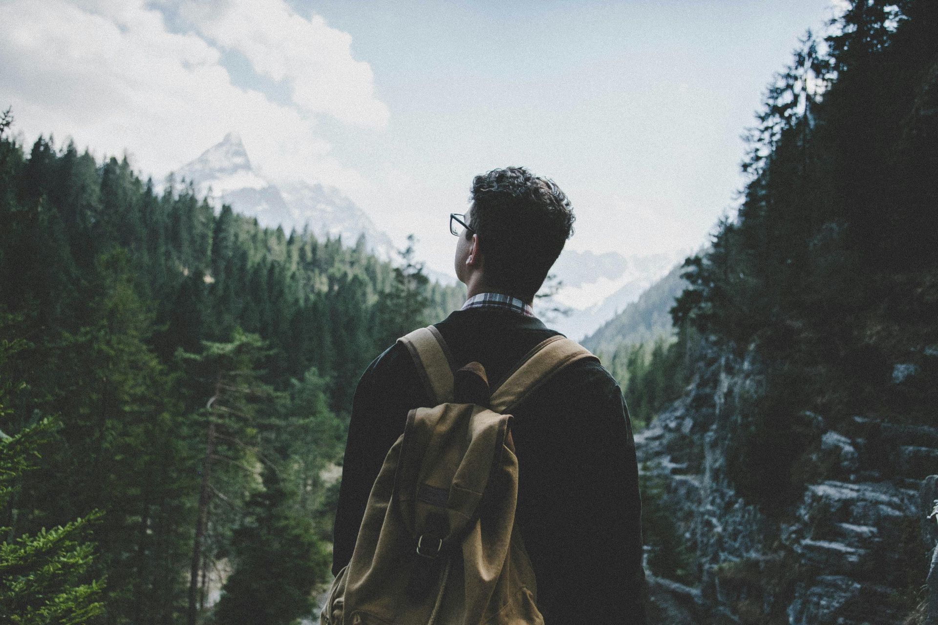Un hombre con una mochila está parado en el bosque mirando las montañas.