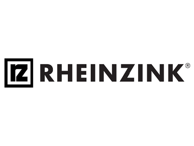 Ein schwarz-weißes Logo für Rheinzink auf weißem Hintergrund.