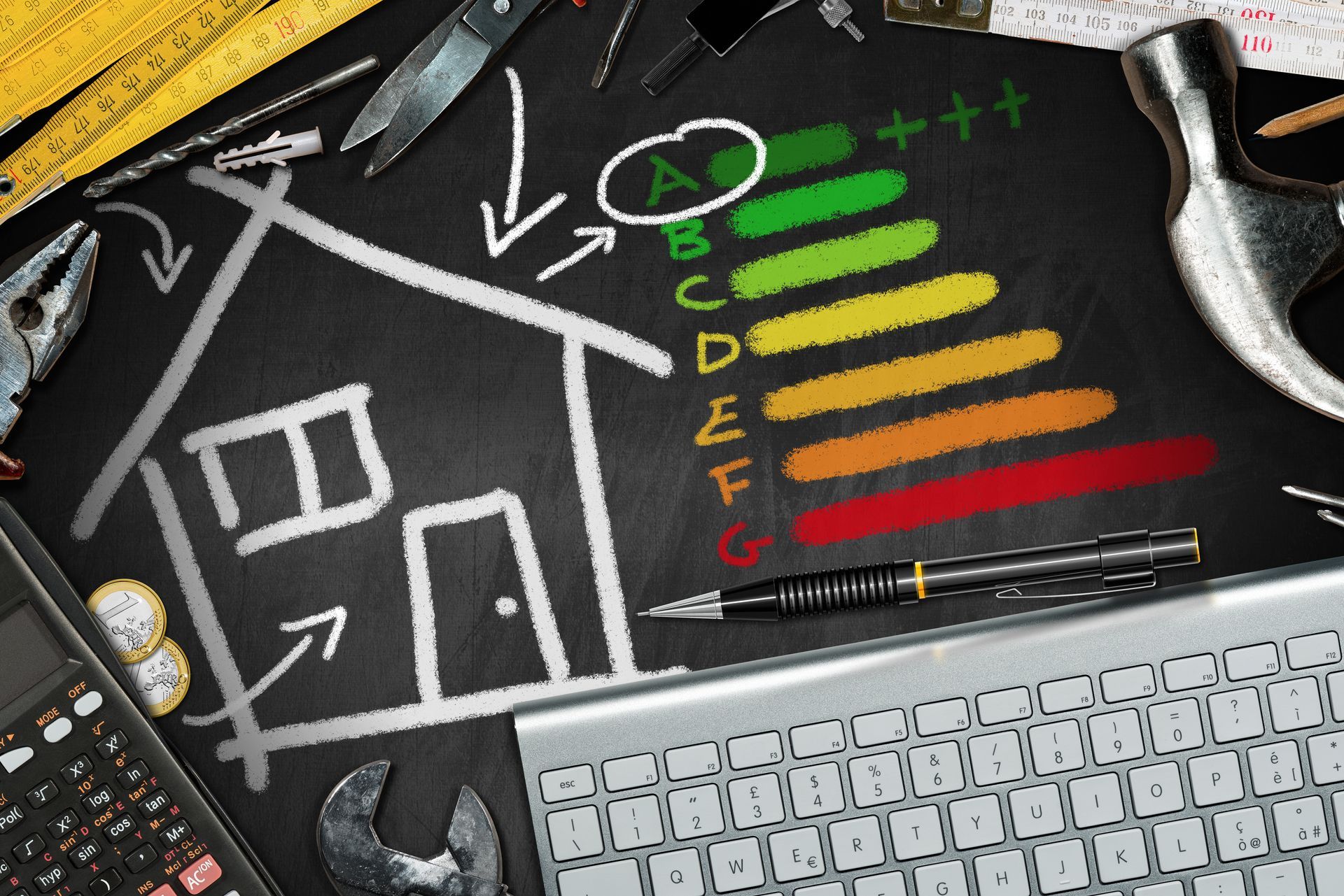 Dessin d'une maison sur de l'ardoise entourée d'outils