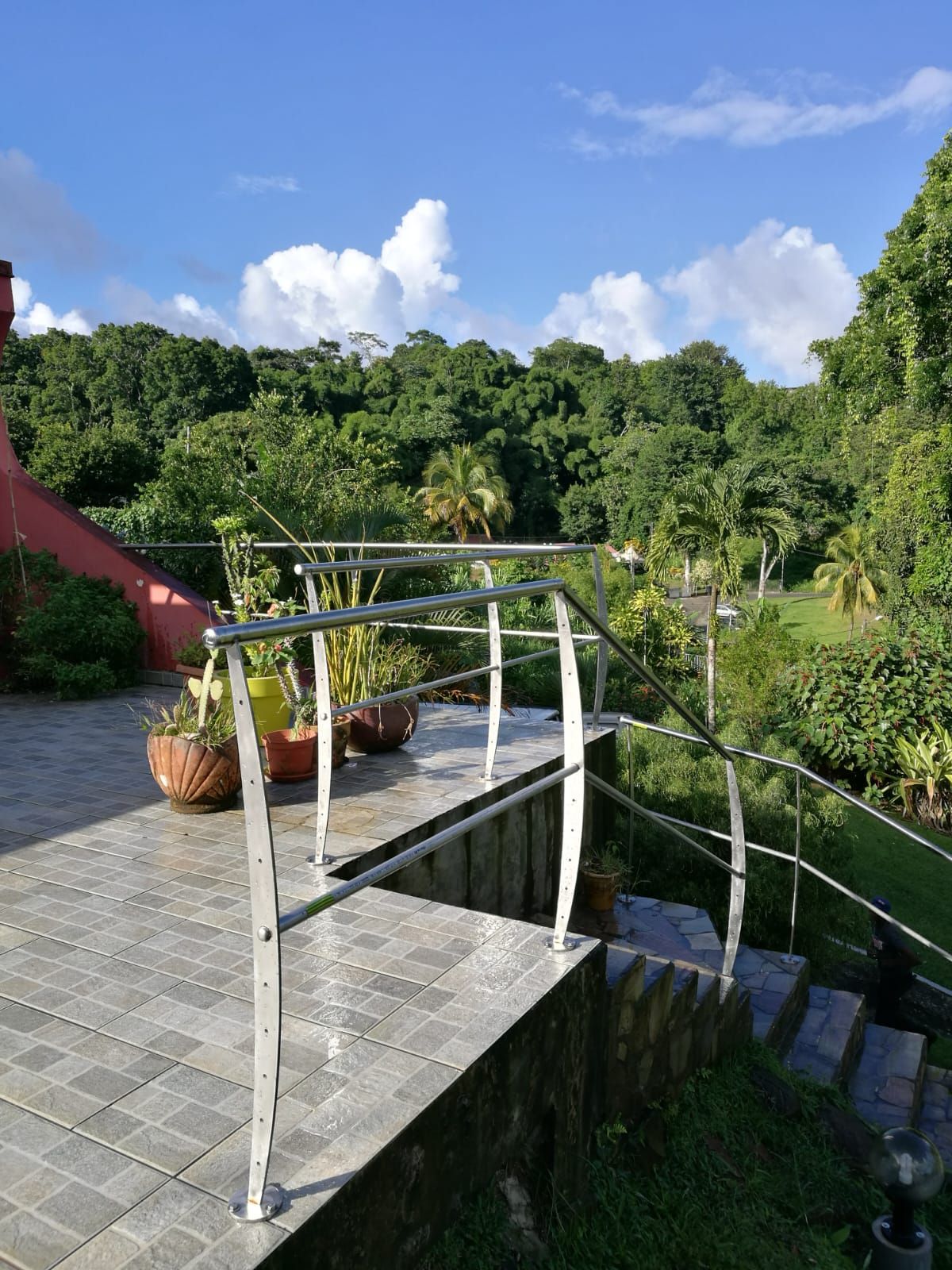 Terrasse avec rambarde en métal, plantes en pot, escaliers, arbres verdoyants sous un ciel partiellement nuageux.