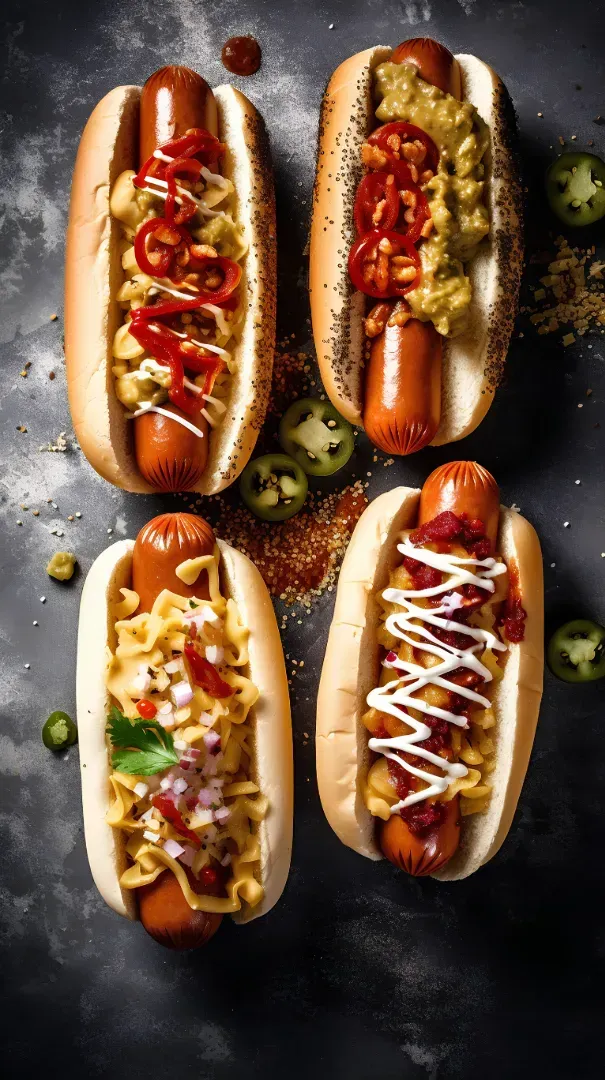 Cuatro perritos calientes con diferentes ingredientes sobre una mesa.