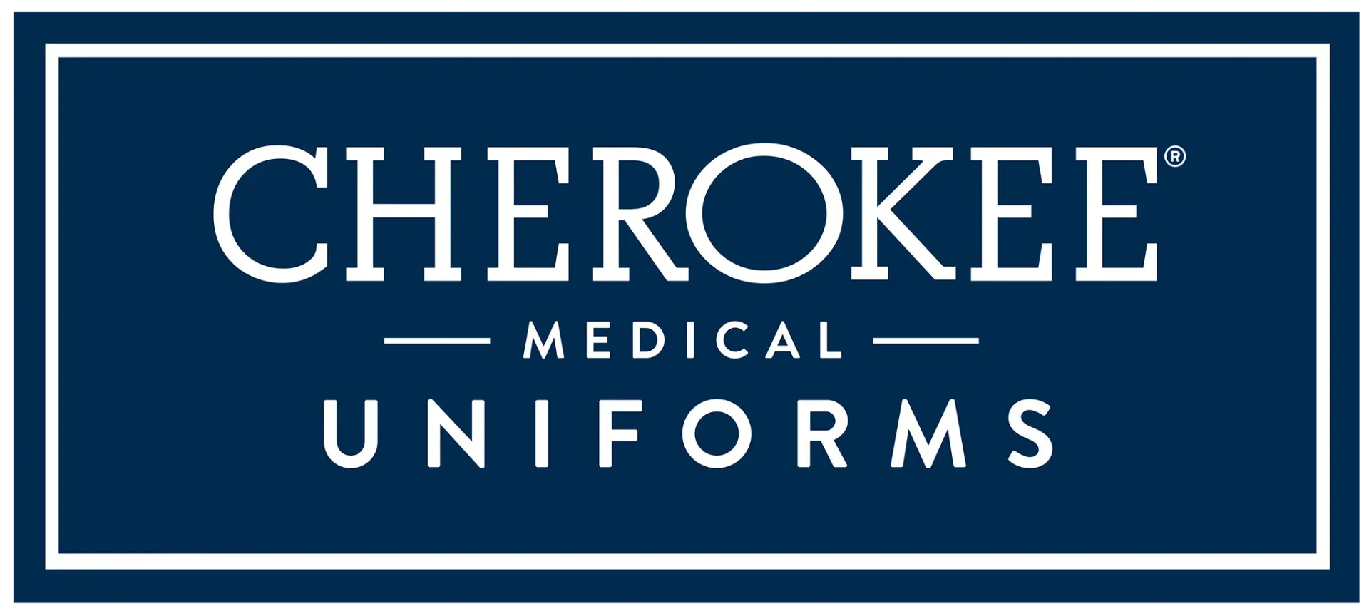 El logotipo de los uniformes médicos Cherokee es azul y blanco.
