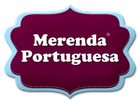 Texto "Merenda Portuguesa" em branco sobre etiqueta cor de vinho com borda azul clara.