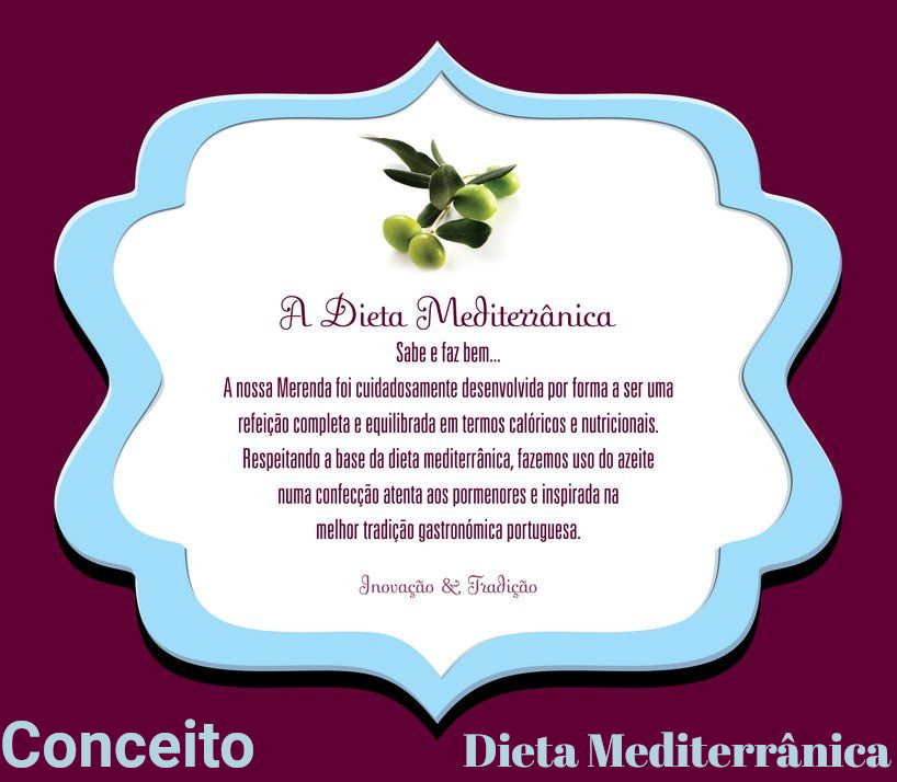 Texto sobre a dieta mediterrânea em português sobre um fundo decorativo com azeitonas.