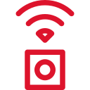 Icône de haut-parleur intelligent rouge émettant un signal Wi-Fi.