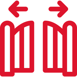 Icône rouge de deux portes de portail s'ouvrant avec des flèches au-dessus.