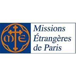 Logo des Missions Étrangères de Paris : un cadre bleu avec une croix et un cercle dorés, et un cadre blanc avec du texte.