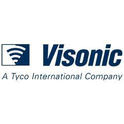 Logo Visonic : texte et icône bleus, « Visonic A Tyco International Company ».