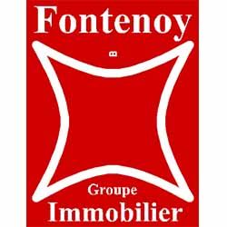 Carré rouge avec contour blanc d'une forme géométrique. « Fontenoy » et « Groupe Immobilier » en texte blanc.