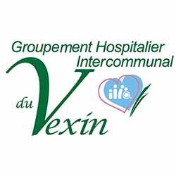 Logo du Groupement Hospitalier Intercommunal du Vexin avec un texte vert et une icône en forme de cœur.