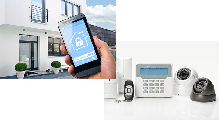 Une main tenant un téléphone avec une application de sécurité domestique, à côté de composants du système de sécurité et d'une maison blanche.