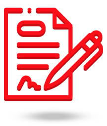 Icône de document de contrat rouge avec stylo ; prêt à être signé.